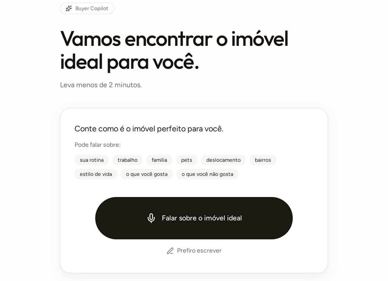Tela que o comprador recebe para gravar por voz o perfil do imóvel ideal