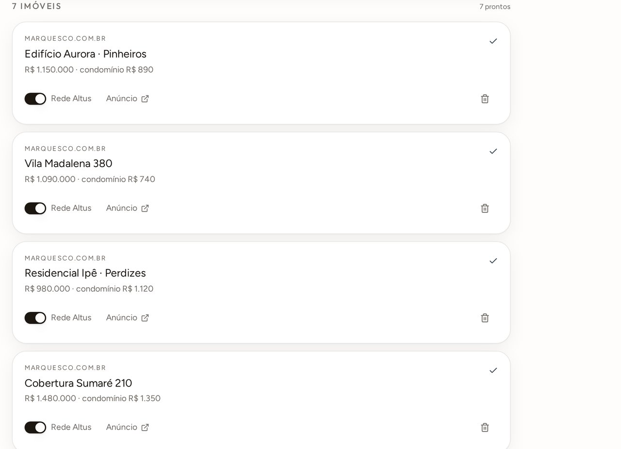 Tela de estoque de imóveis do corretor na Altus